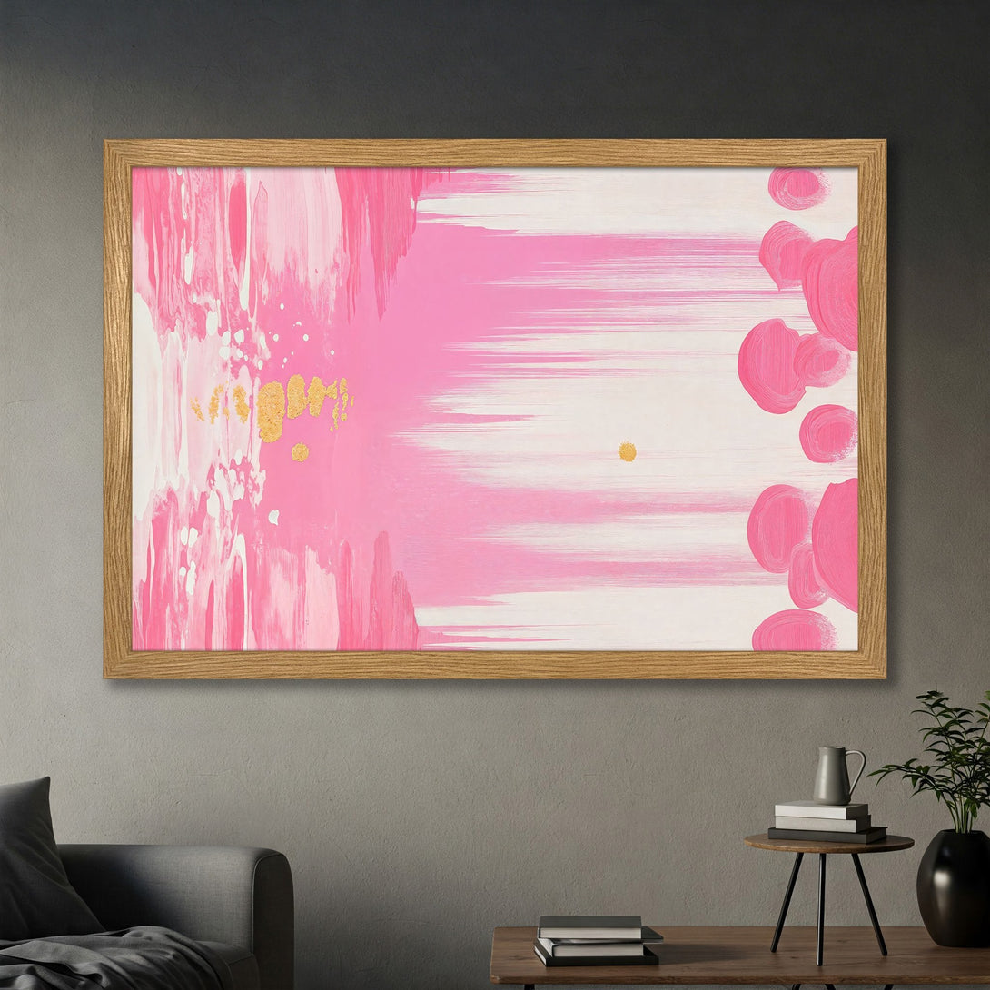 Framed Poster featuring abstract pink brushstrokes and gold accents. Modern art print with a pink and white color palette.
