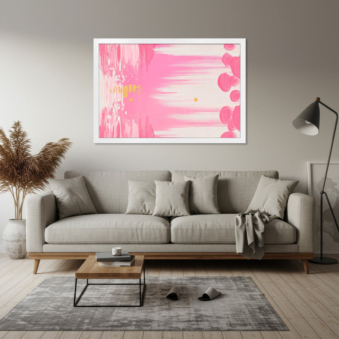 Framed Poster featuring abstract pink and gold art, modern style, with a soft, neutral color palette. Perfect for any home.