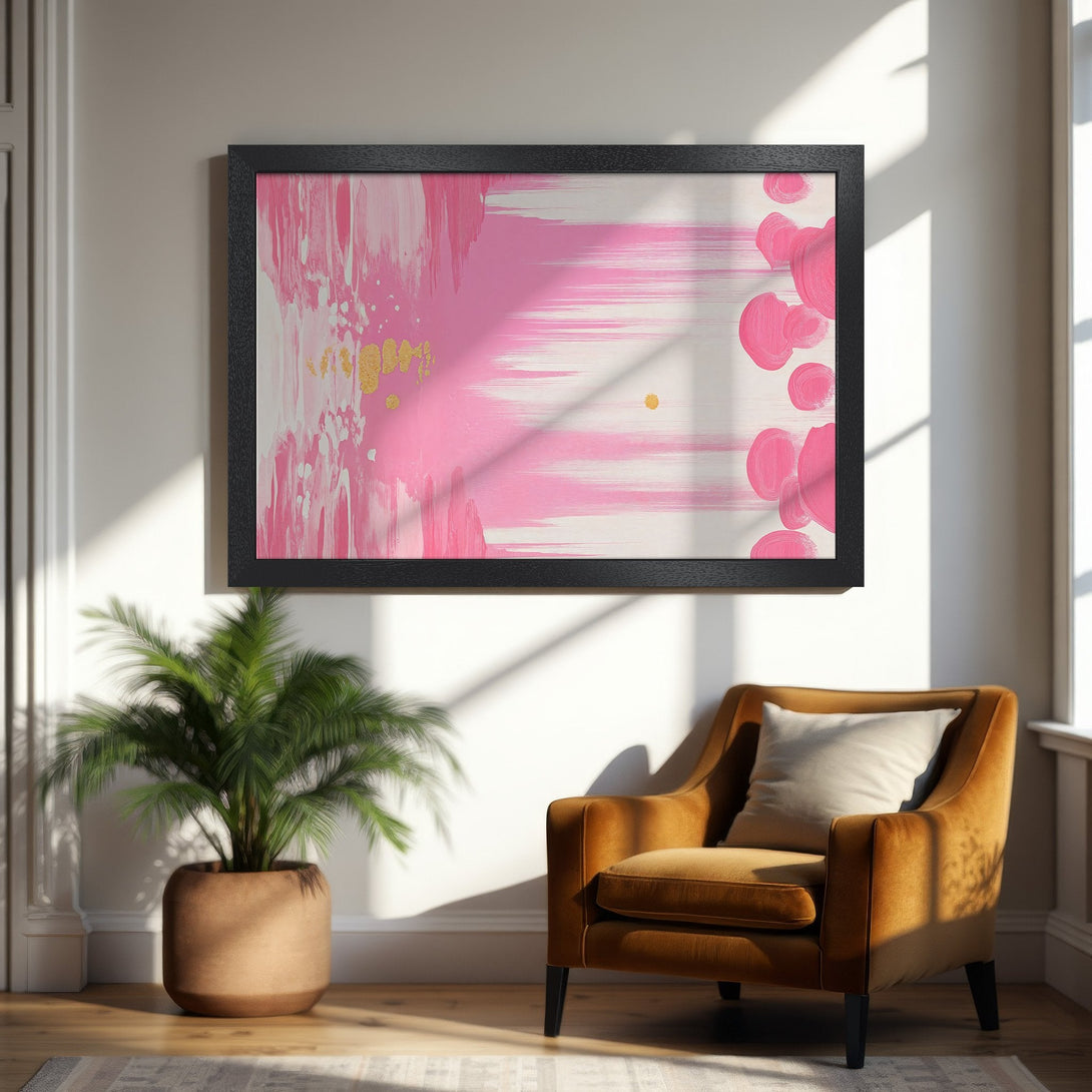 Framed Poster featuring abstract pink and gold art. Modern style, warm color palette perfect for home decor.