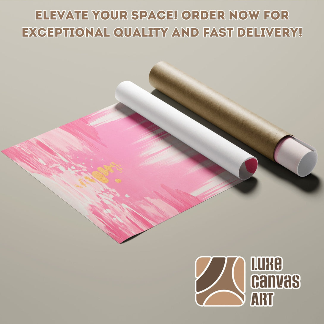 Pink abstract art Poster Roll, modern style, with gold accents.