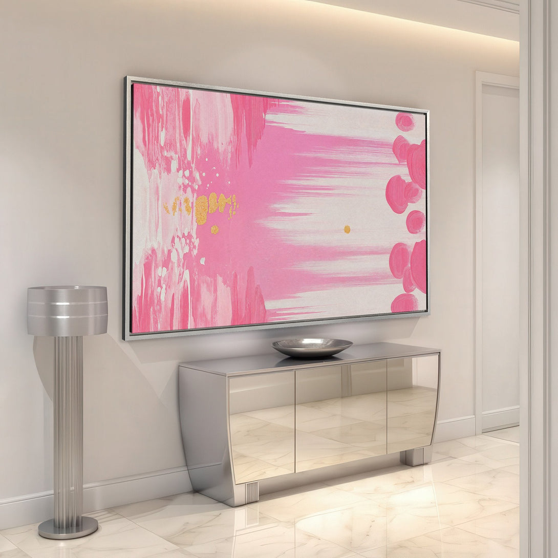 Framed Wall Art: Abstract pink and gold canvas print in a modern interior. Adds a pop of color and artistic flair to any space. Shop now!