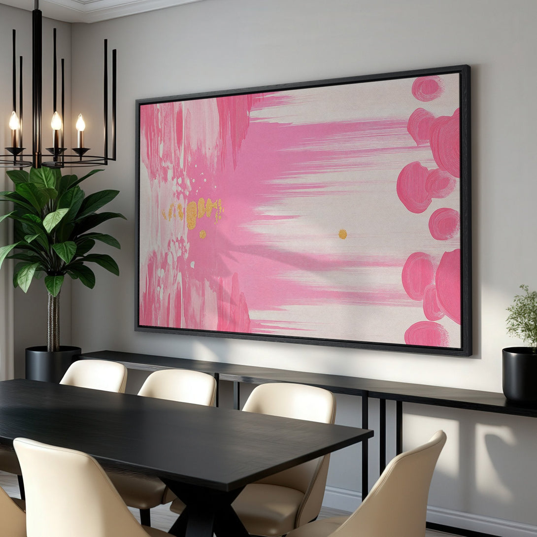 Framed Wall Art: Abstract pink and gold brushstroke Canvas Print. Modern art with a vibrant color palette, perfect for adding a pop of color to your home decor.