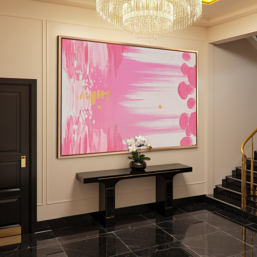 Framed Wall Art: Modern abstract painting in pink and gold, perfect for adding a pop of color to any space. Shop now!