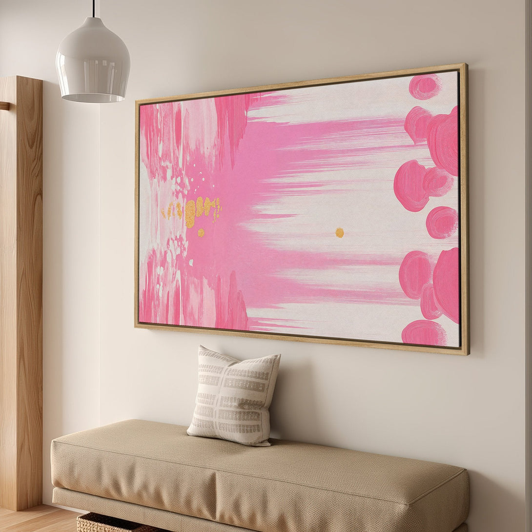 Framed Wall Art featuring a vibrant pink abstract painting. Modern art canvas print with gold accents, perfect for adding a pop of color to your home decor.