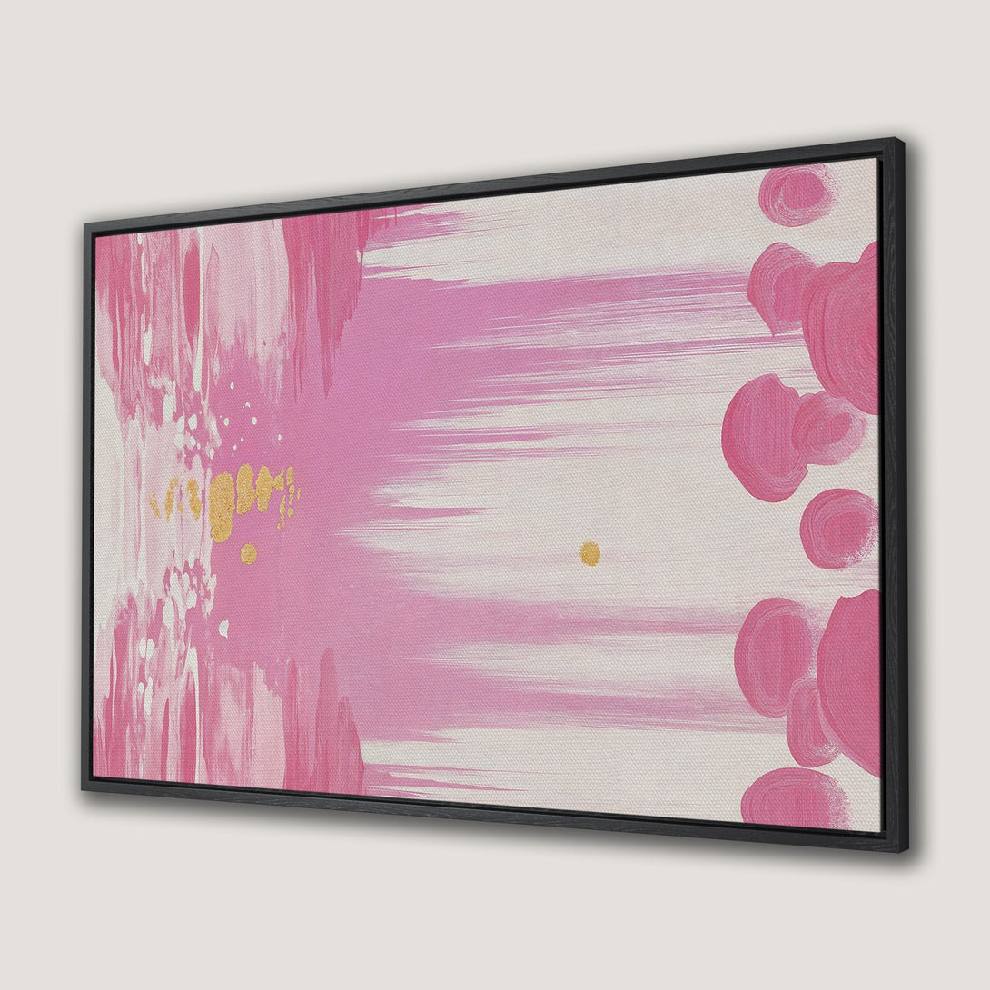 Framed Wall Art: Abstract pink and gold brushstroke canvas print. Modern art with a blush and gold color palette, perfect for any interior.
