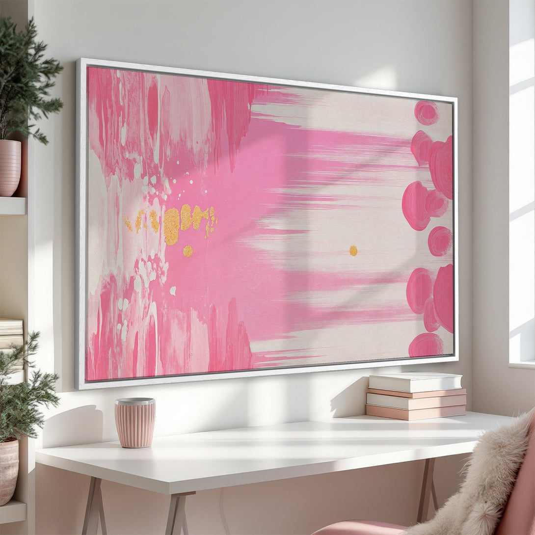 Abstract pink Canvas Print art with gold accents, displayed in a modern interior. A stylish addition to any home decor, featuring a soft color palette.