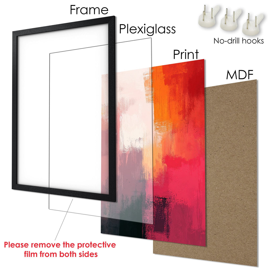 Framed Poster: Abstract art in vibrant red, orange, and pink hues. Modern style, perfect for adding a pop of color to your space!