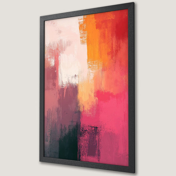 Framed Poster featuring abstract art in a vibrant, warm color palette of reds, oranges, and pinks. Perfect wall decor!
