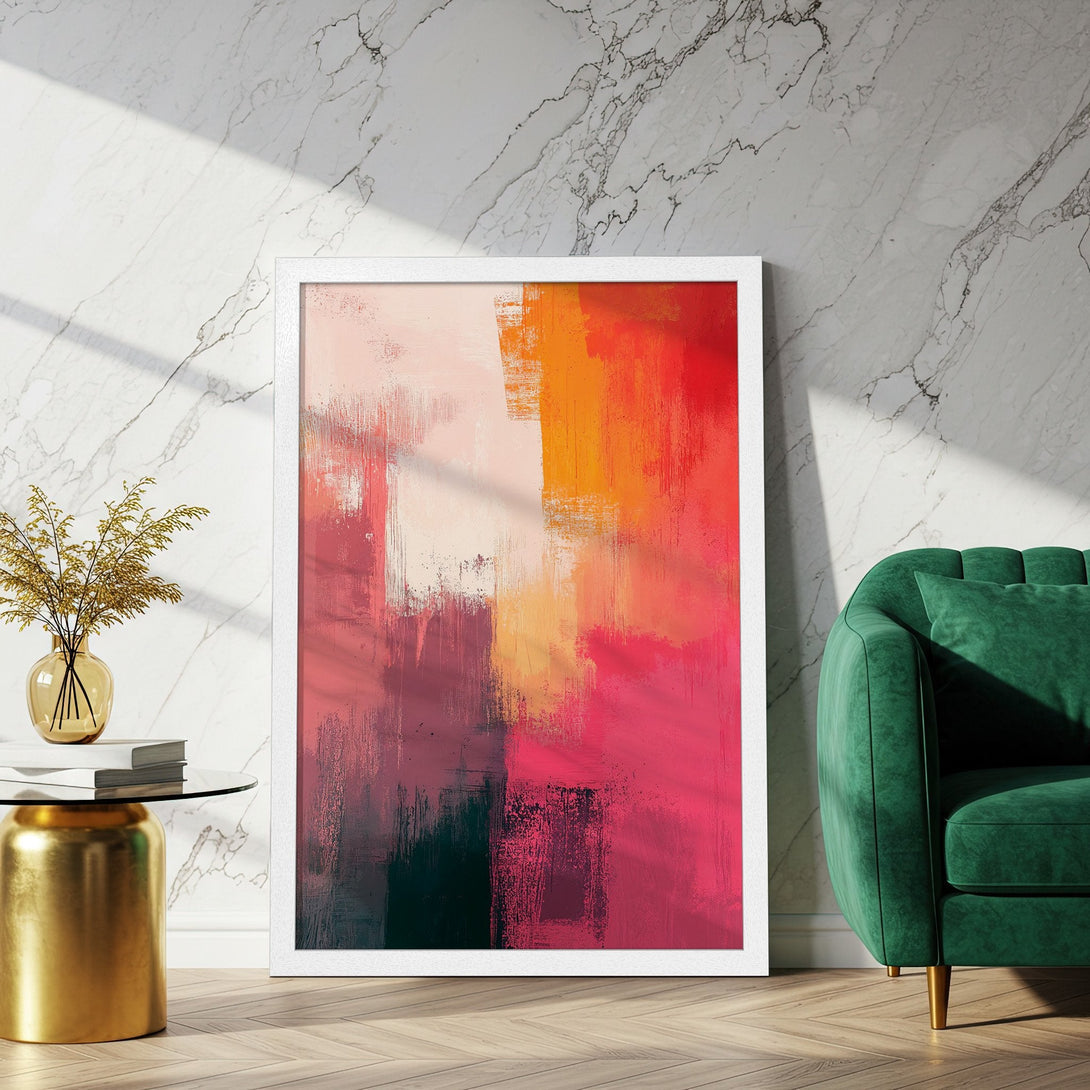 Framed Poster featuring abstract art in a warm, vibrant color palette of reds, oranges, and pinks. Perfect for modern home decor!