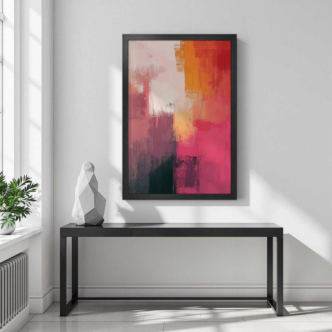 Framed Poster featuring abstract art with a warm color palette of pinks, oranges, and reds. Modern style for home decor.