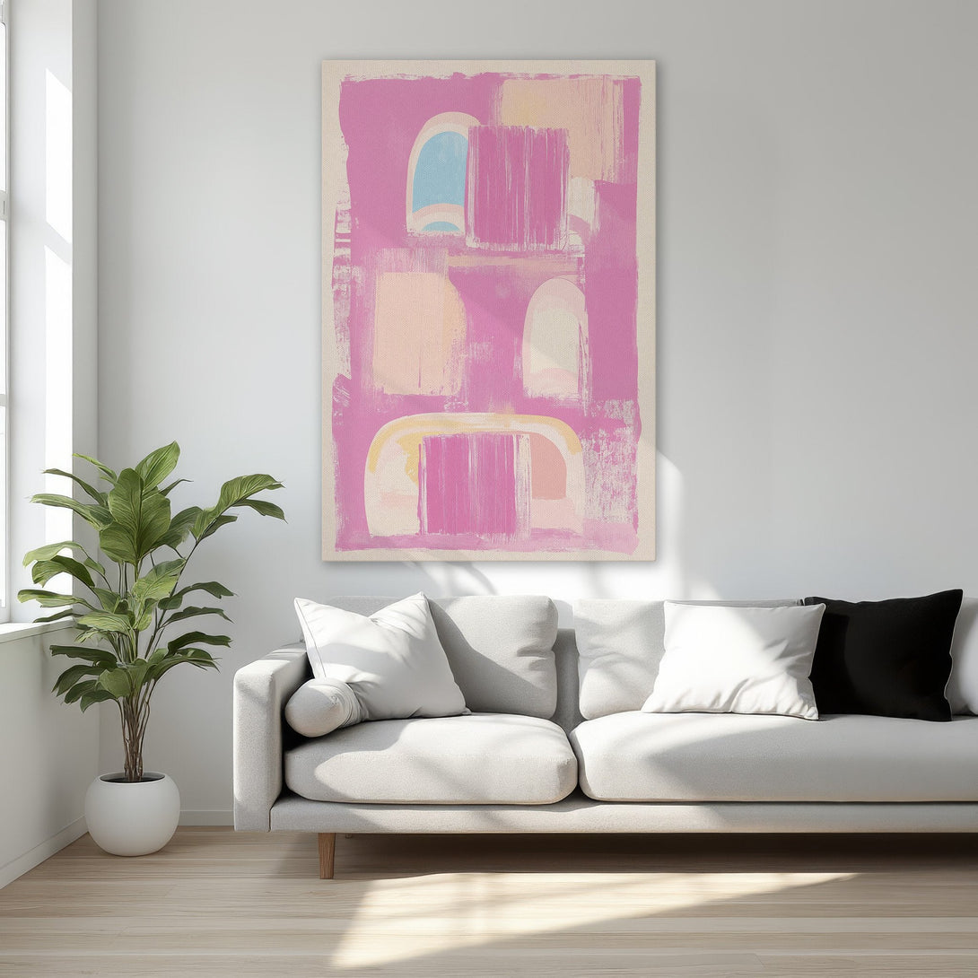 Framed Wall Art: Abstract pink and peach canvas print displayed in a bedroom. Modern art style with a warm, inviting color palette. Perfect for home decor!
