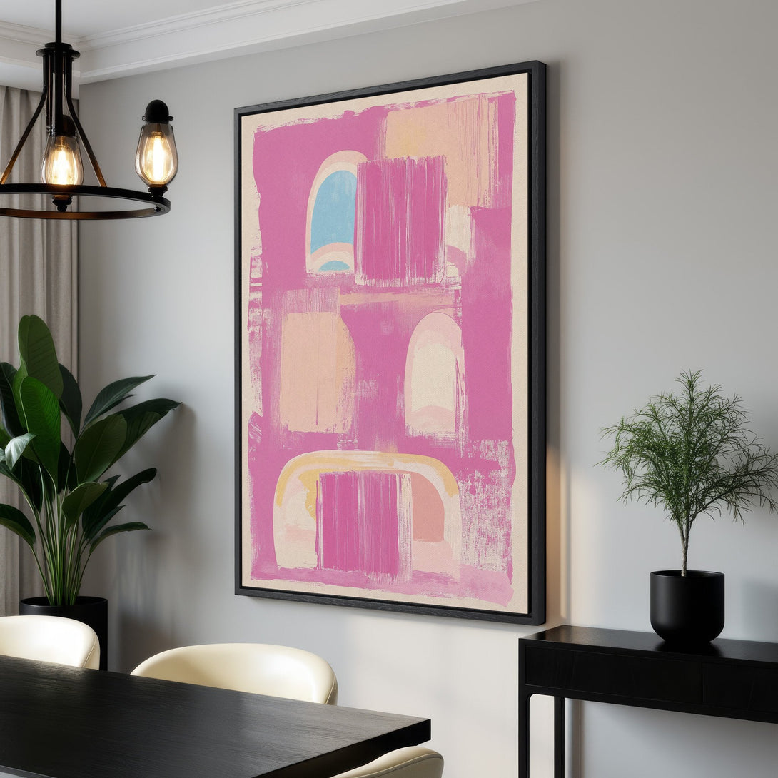 Framed Wall Art: Abstract pink and peach brushstroke canvas print. Modern art for home decor. Adds a pop of color to any interior.
