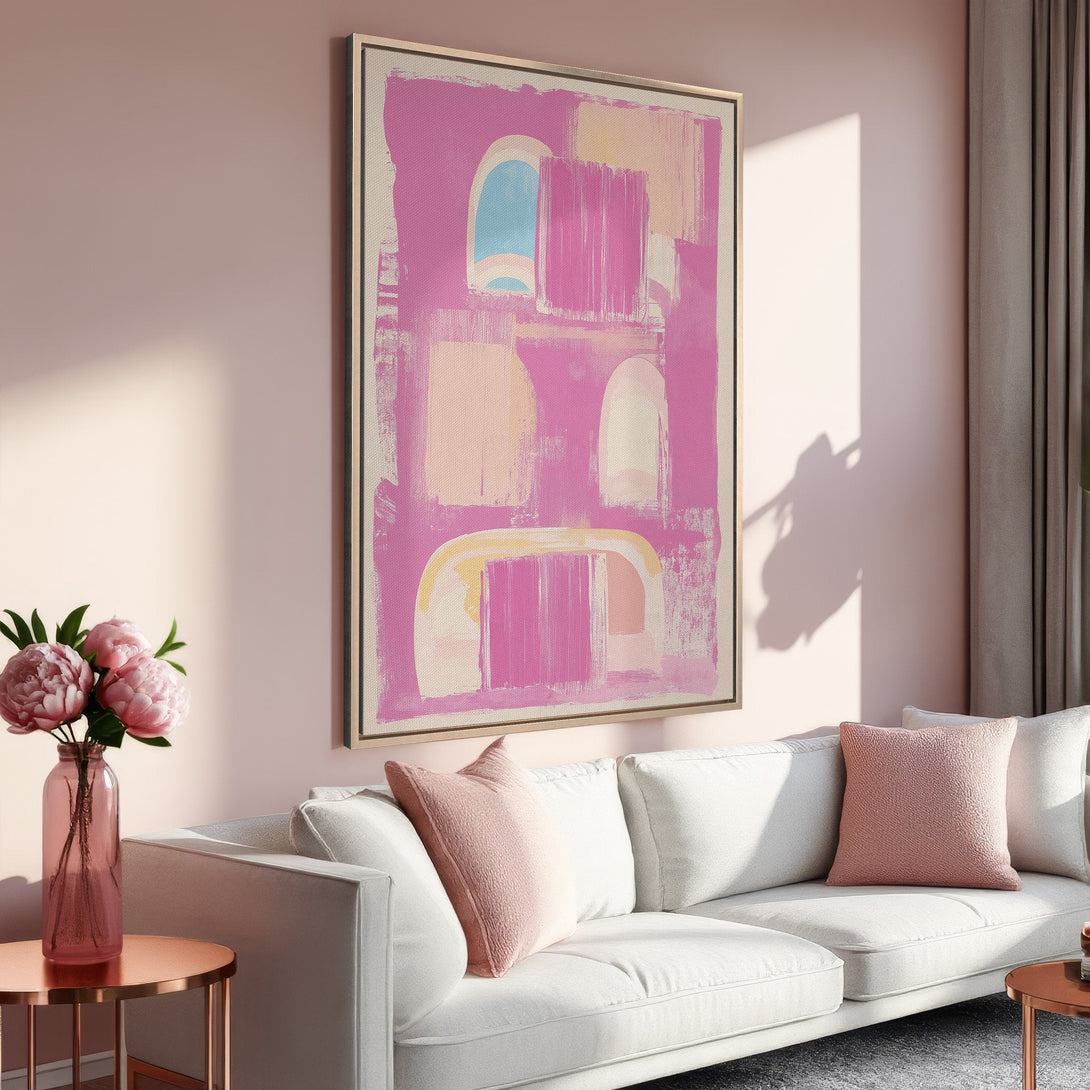 Framed Wall Art featuring an abstract pink and peach design. Modern art canvas print perfect for adding a pop of color to your living room or bedroom.