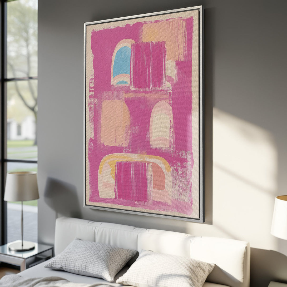 Framed Wall Art: Abstract pink and peach brushstroke painting. Modern art canvas print adds a pop of color to any interior. Shop now!