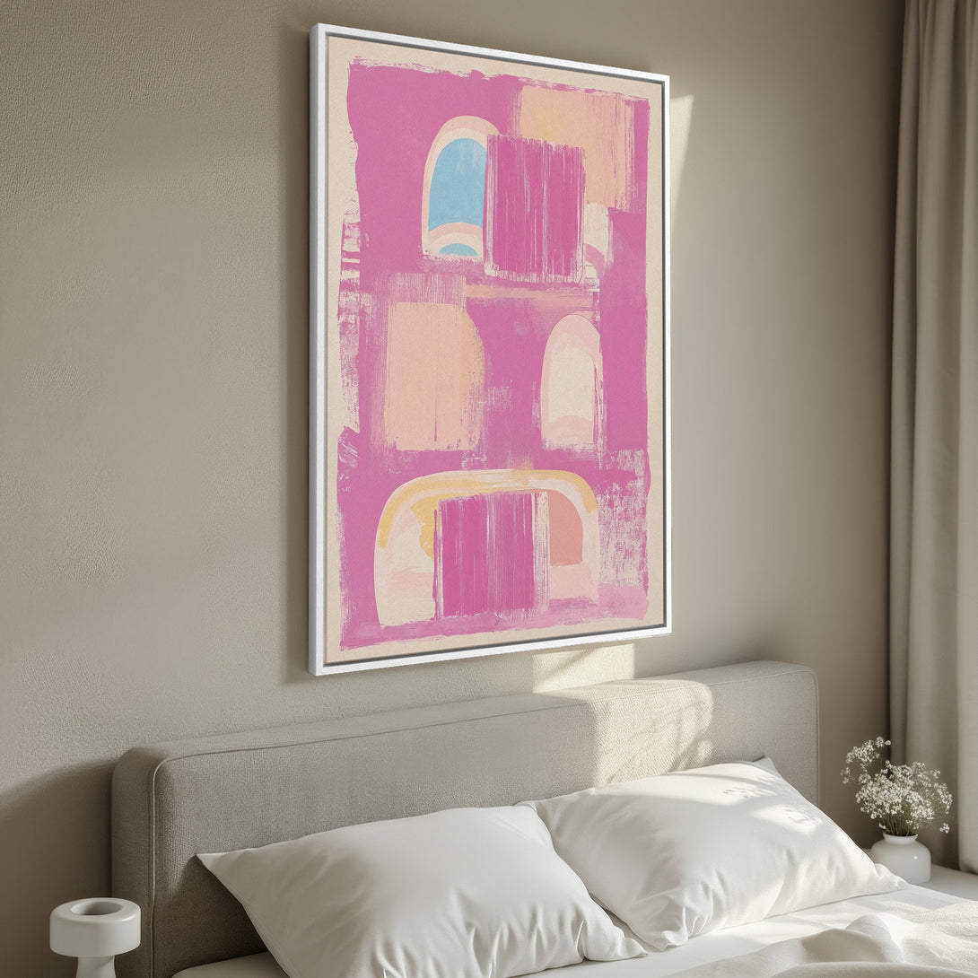 Framed Wall Art: Abstract pink & peach brushstroke Canvas Print, modern art for bedroom decor. Soft color palette, adds a pop of color to any space.