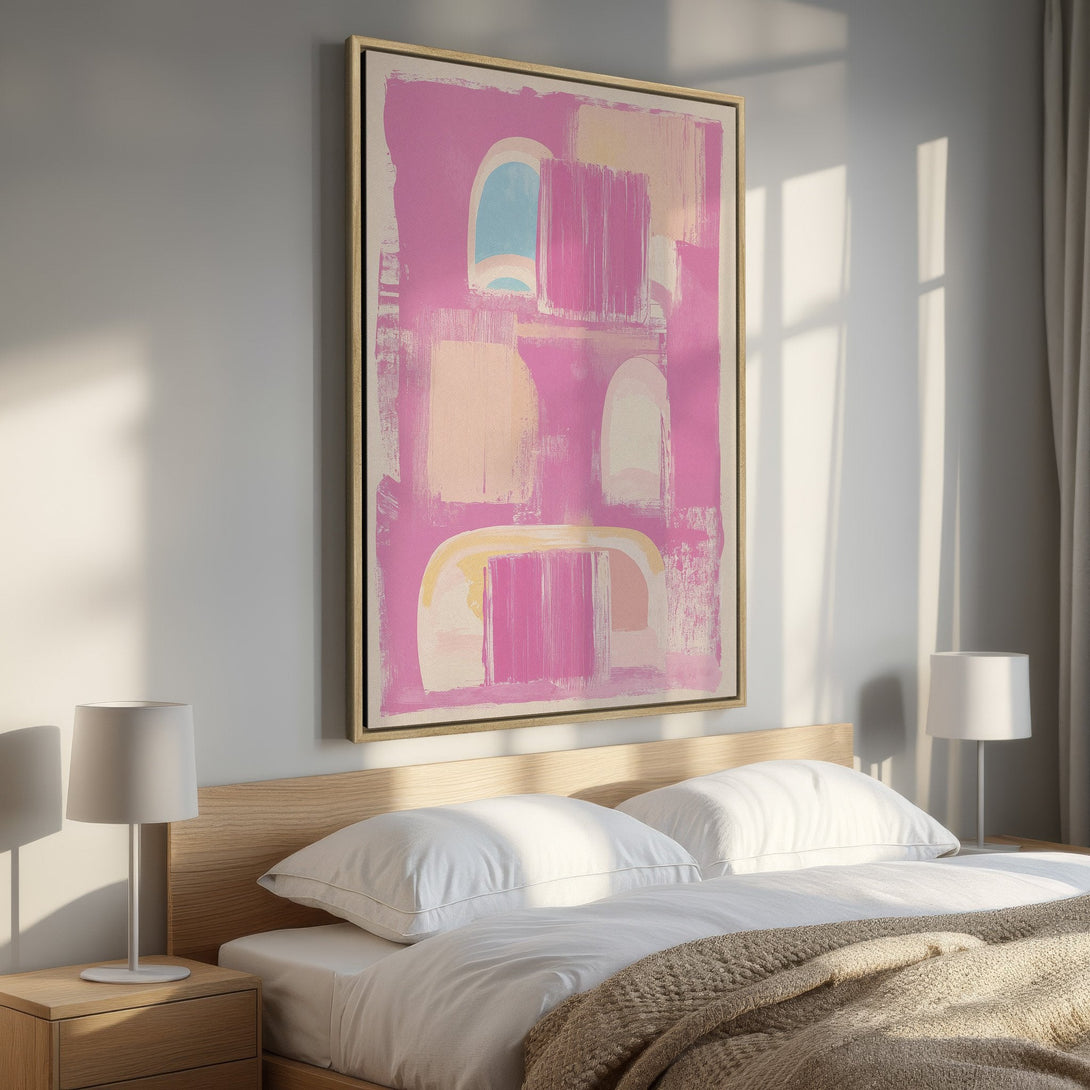 Abstract Canvas Print in a bedroom. Features a pink and neutral color palette with a modern, artistic style. Perfect for adding a pop of color!