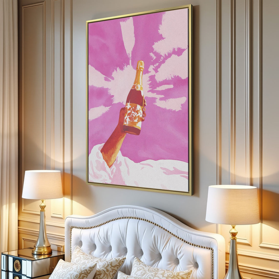 Canvas Print featuring a celebratory hand holding champagne bottle against a pink sky. Modern art style, perfect for adding a pop of color.