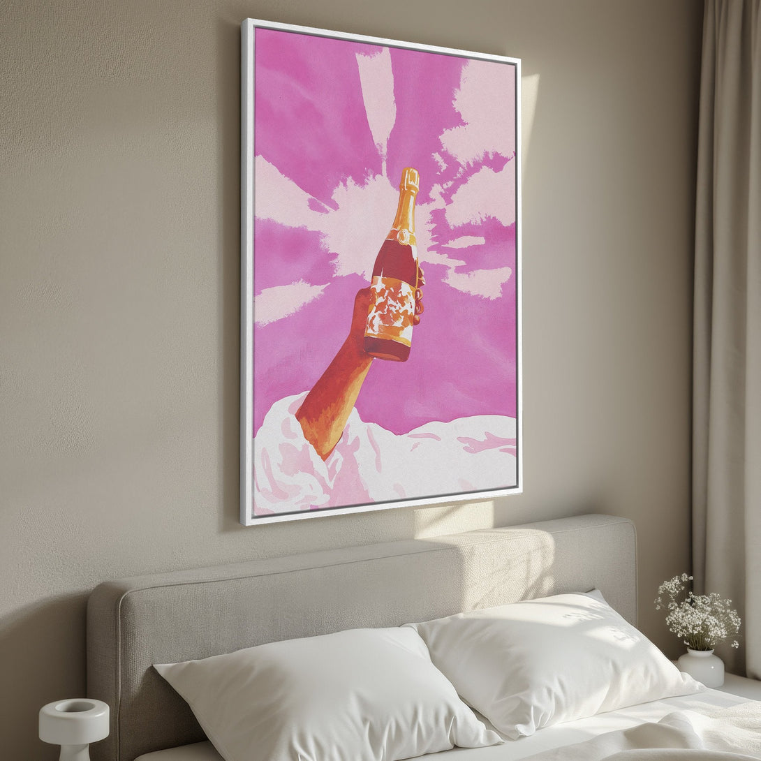Framed Wall Art: Pop art style Canvas Print of a hand holding champagne bottle against a pink sky. Adds a splash of color to any room.