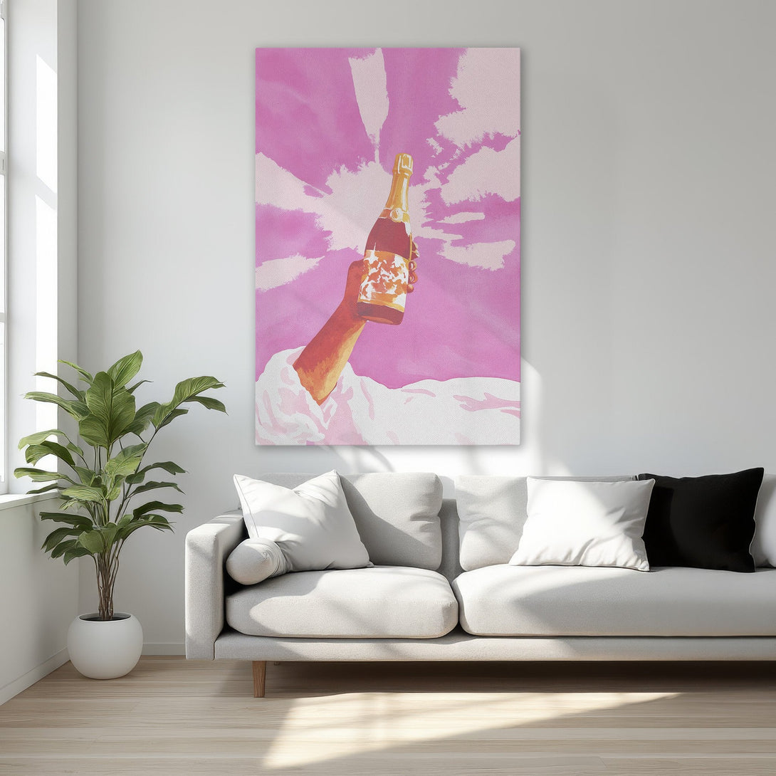 Framed Wall Art: Pop art style champagne bottle against pink sky. Modern canvas print adds a touch of luxury to any room.