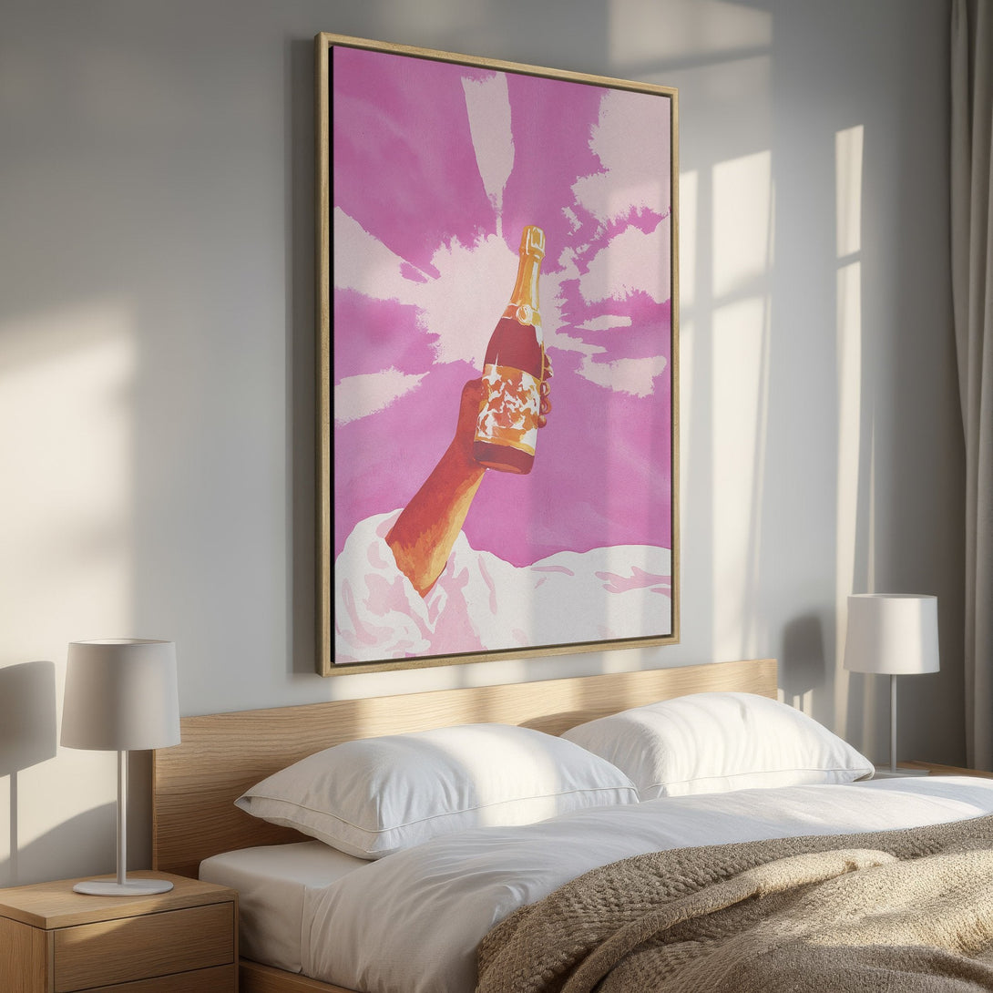 Framed Wall Art: Pop art style print of a champagne bottle against a pink sky. Perfect for adding a pop of color to your bedroom decor.