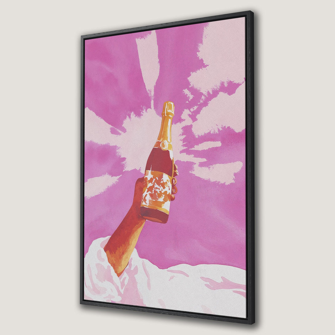 Framed Wall Art: Pop art style canvas print featuring a hand holding champagne bottle against a pink sky. Perfect for adding a touch of fun to your space!