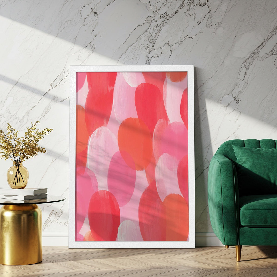 Framed Poster featuring abstract brushstrokes in pink and red hues, perfect for modern home decor. Add a pop of color!