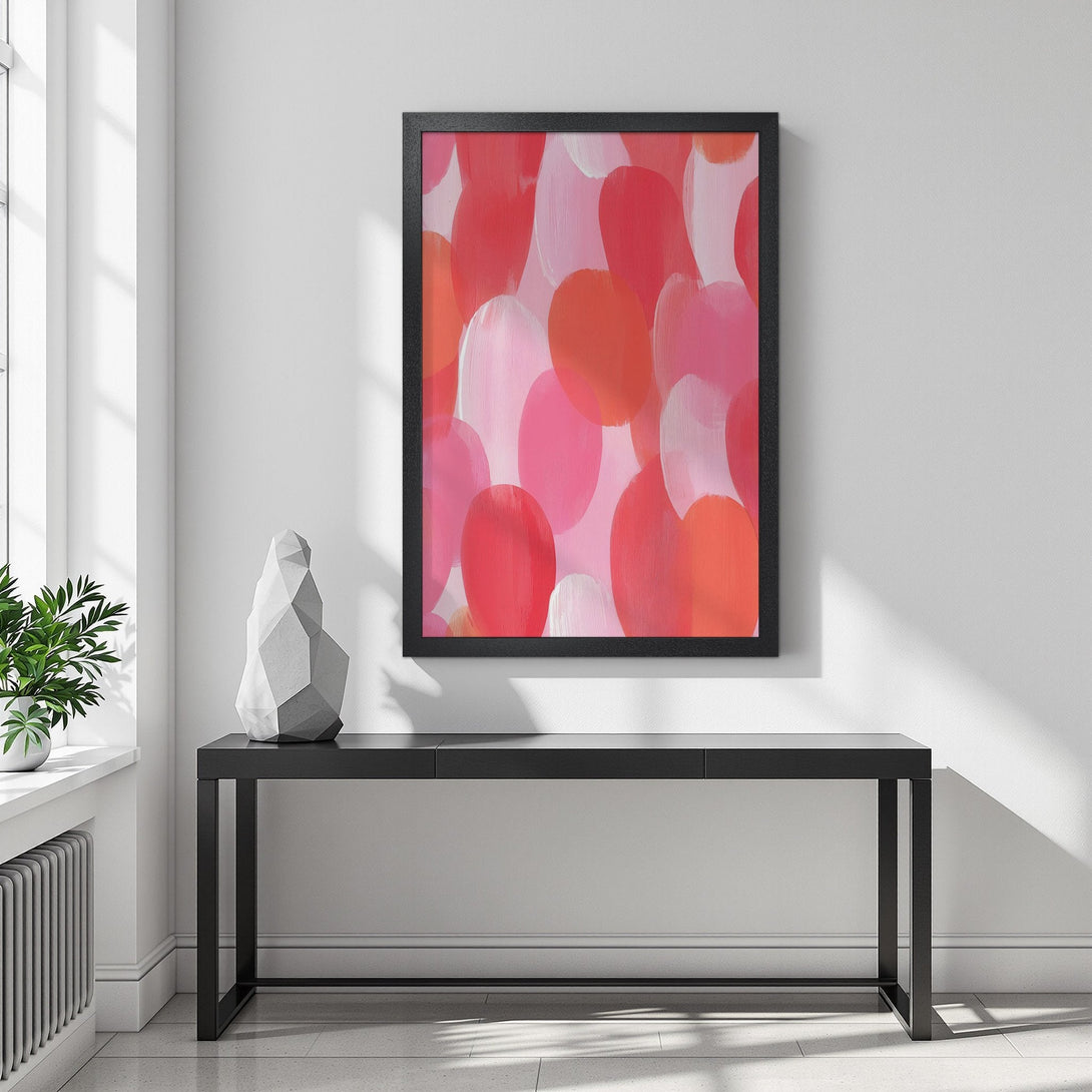 Framed Poster featuring abstract art with a pink and red color palette. Modern style wall art for home decor.