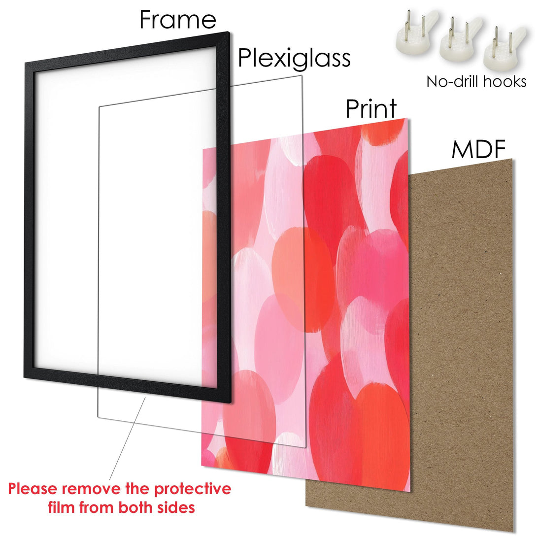 Framed Poster with abstract heart art in a vibrant red and pink color palette. Perfect wall decor!