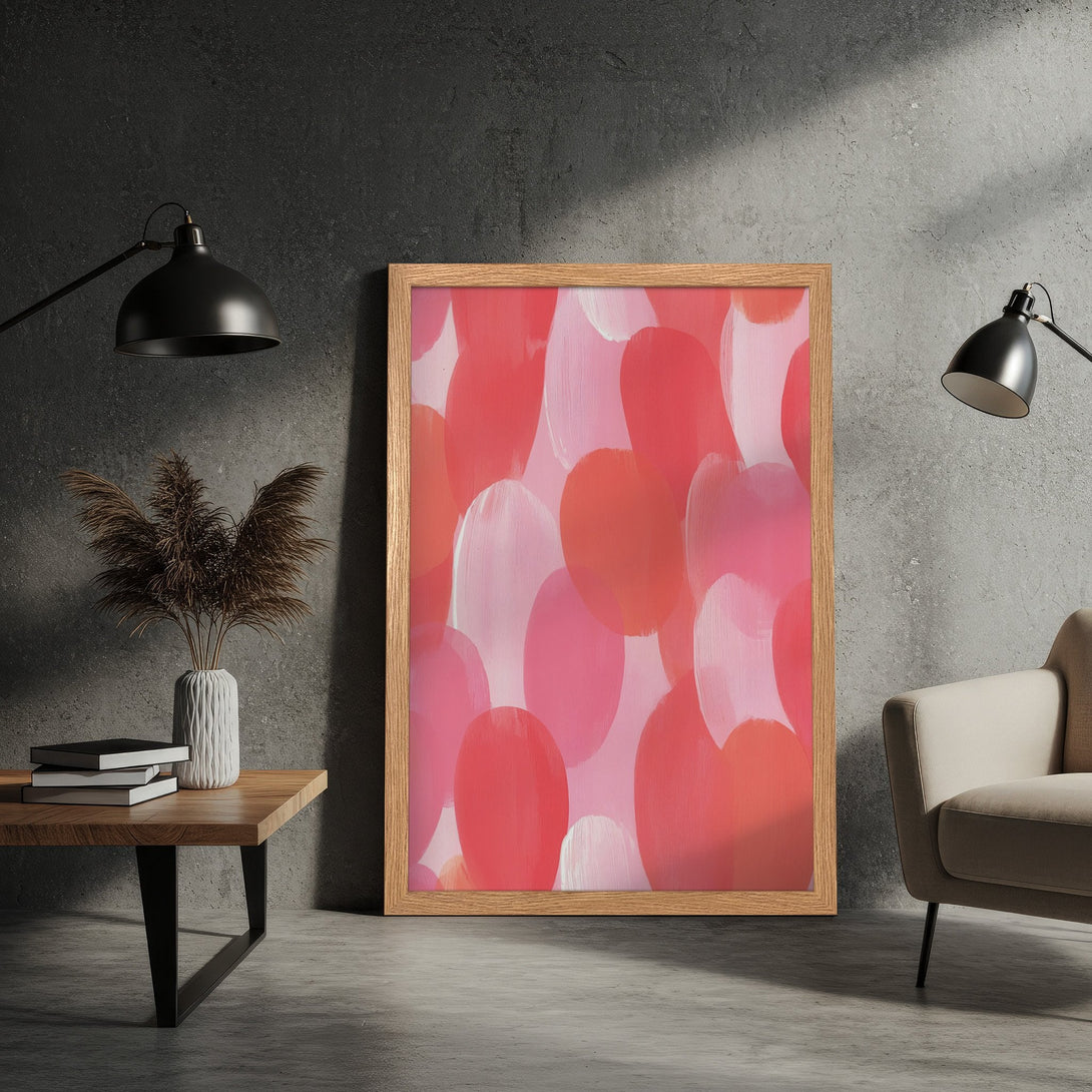 Framed Poster featuring abstract heart art in pink and red hues. Modern style art print for home decor.