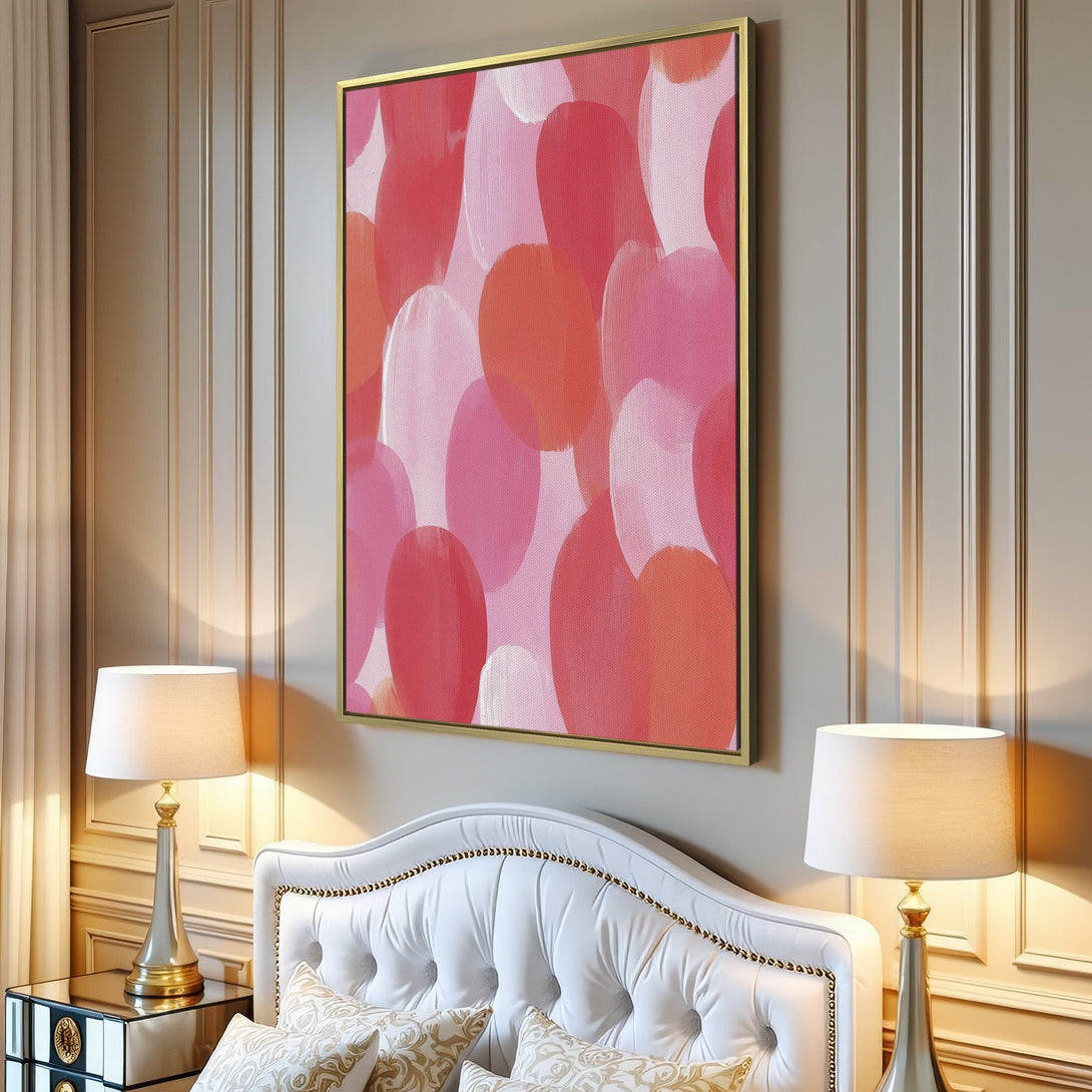Abstract Canvas Print with pink and coral brushstrokes, perfect for adding a pop of color to your modern living room.
