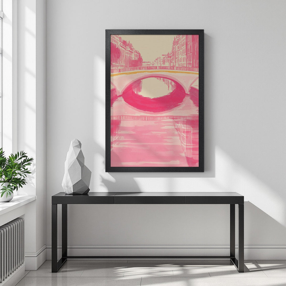 Framed Poster featuring a pink canal scene, artistic style, with a warm, inviting color palette. Perfect wall art for your home!