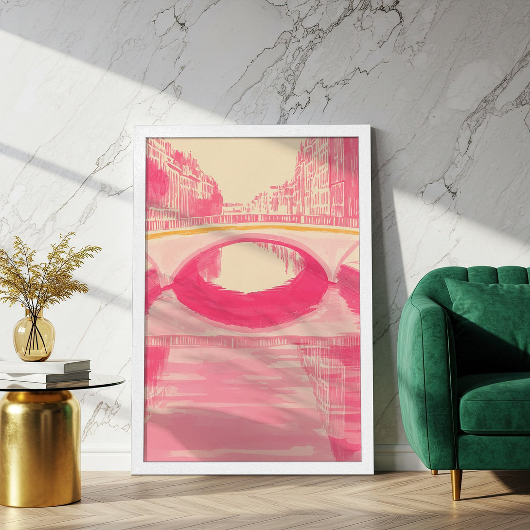 Framed Poster featuring a pink abstract cityscape painting. Modern art style with a vibrant pink and cream color palette. Perfect wall decor!