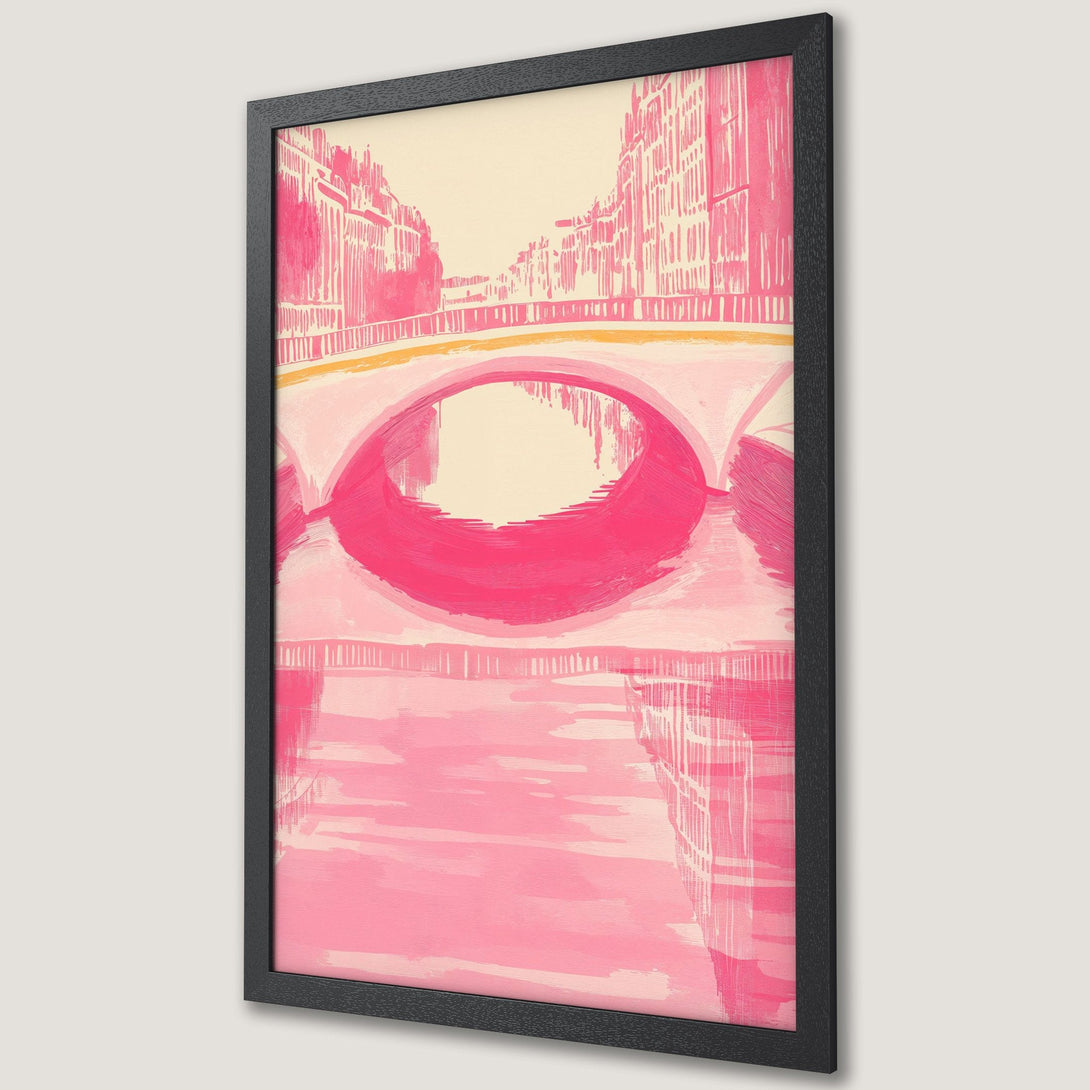 Framed Poster featuring a pink cityscape painting in a bold, brushstroke style. Perfect wall art for a pop of color!