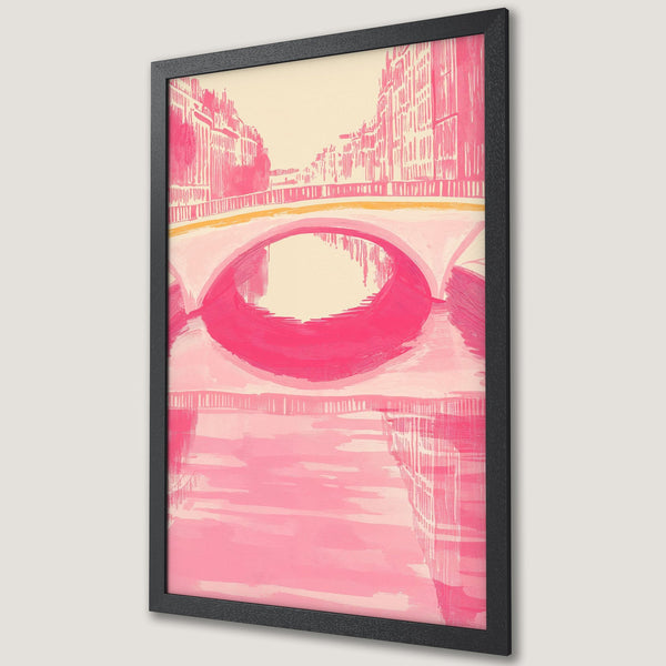 Framed Poster featuring a pink cityscape painting in a bold, brushstroke style. Perfect wall art for a pop of color!