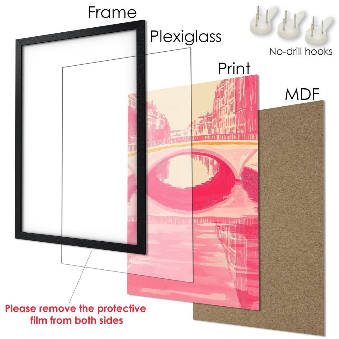 Framed Poster featuring a pink bridge art print. Modern style with a warm, pink and beige color palette. Ready to hang!