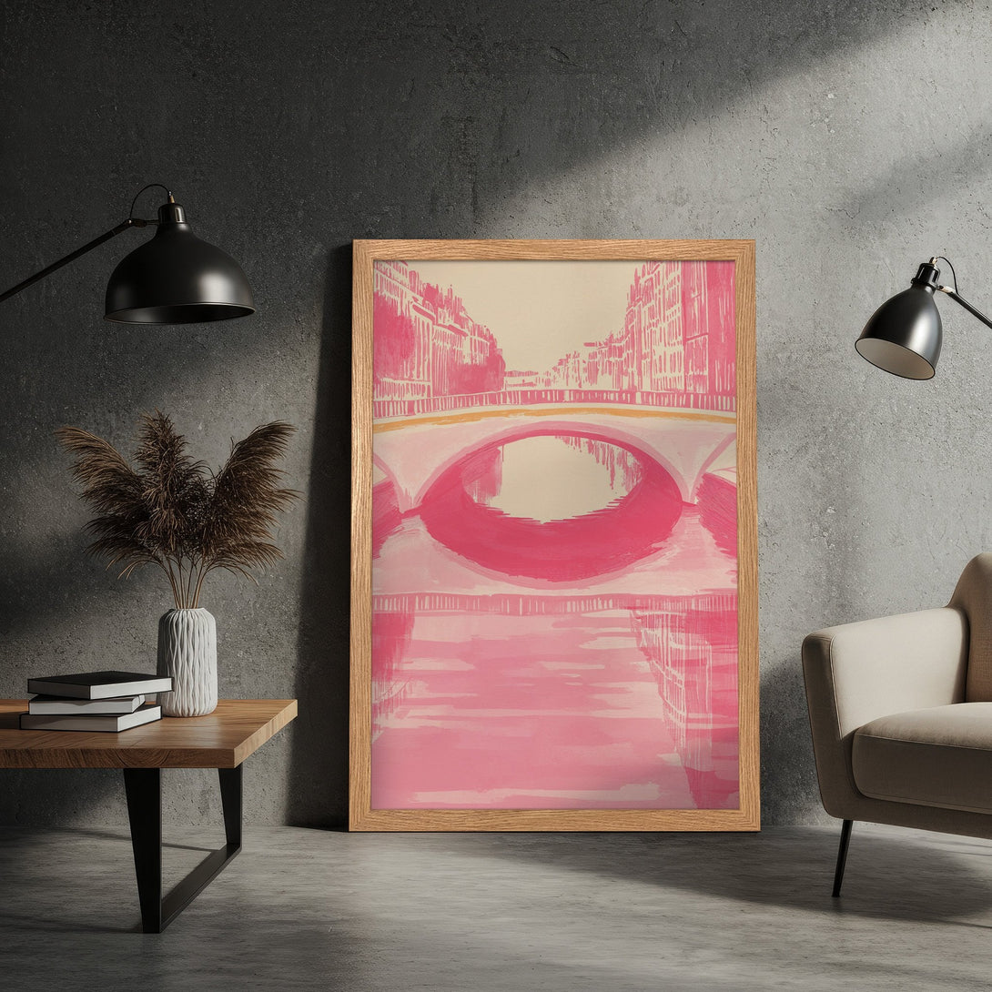 Framed Poster featuring a pink bridge painting. Modern art style with a soft pink and beige color palette. Perfect wall decor for your home.