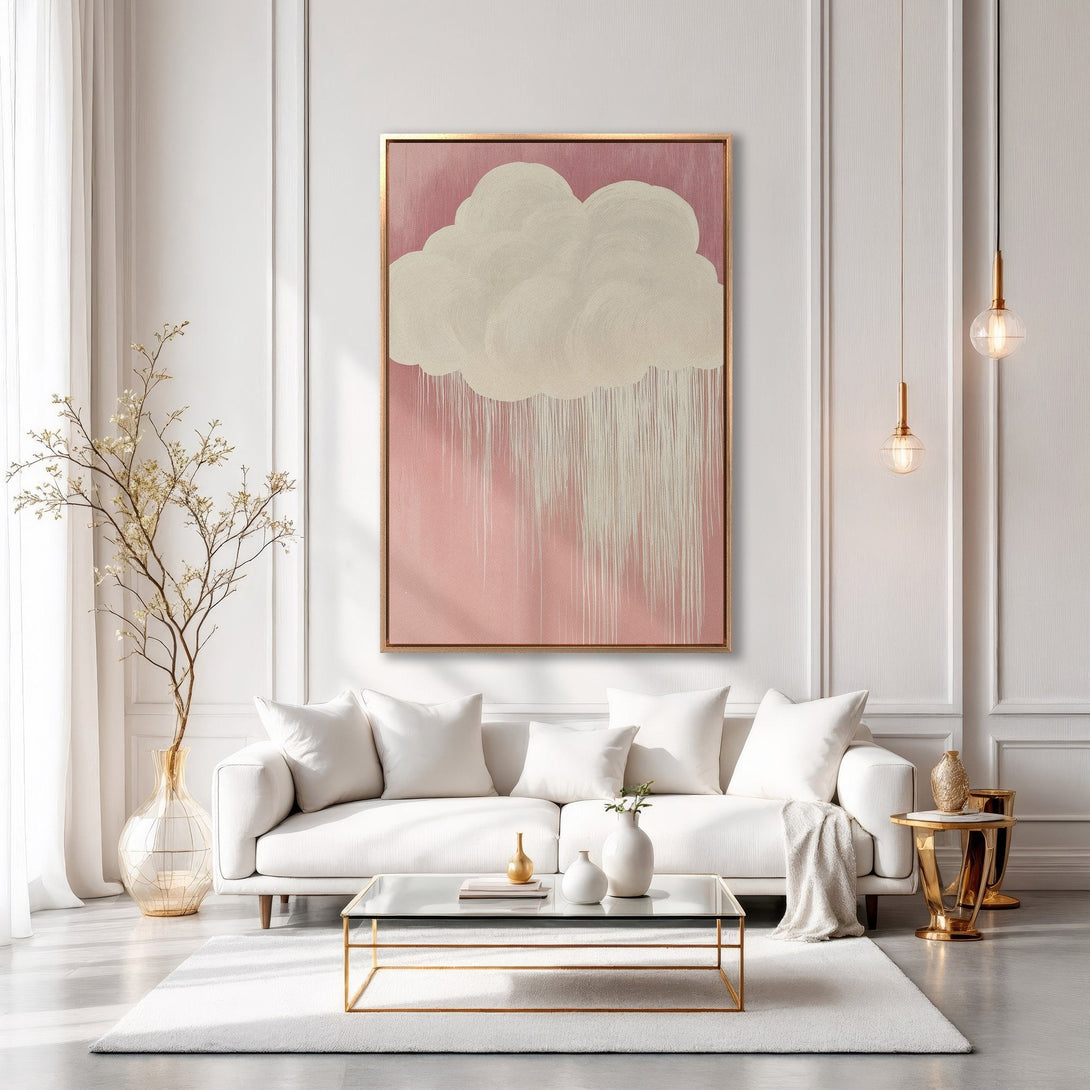 Framed Wall Art featuring an abstract cloud design in a modern living room. Soft pink and beige color palette, adding a touch of elegance to any space.