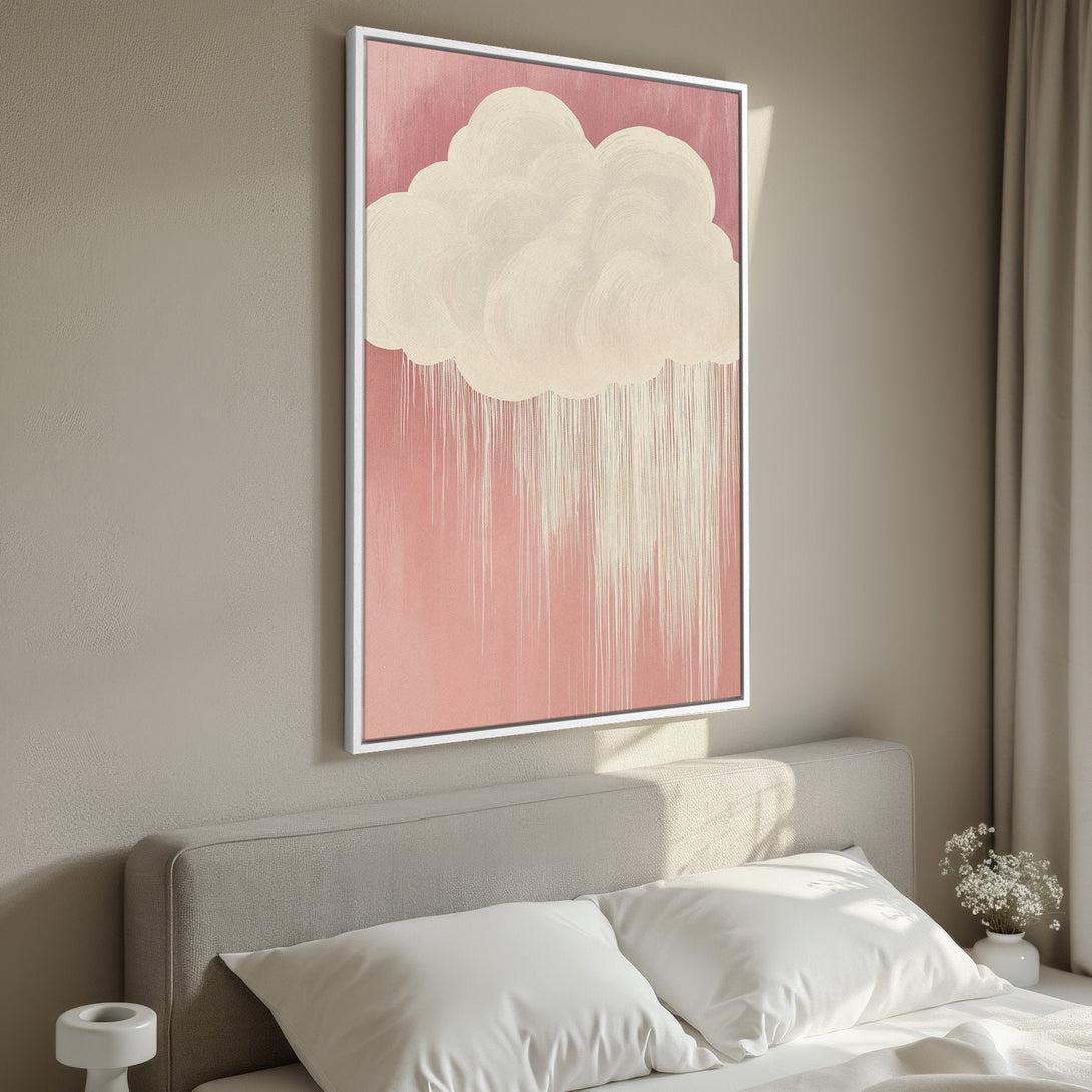 Framed Wall Art featuring a cloud design in a soft pink and cream color palette. Modern abstract art perfect for bedroom decor.