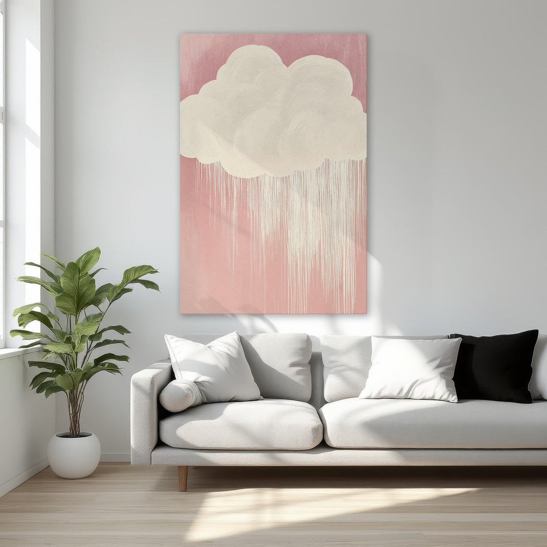 Framed Wall Art: Abstract cloud painting in soft pink and cream tones. Modern art for bedroom decor. Adds a touch of elegance.
