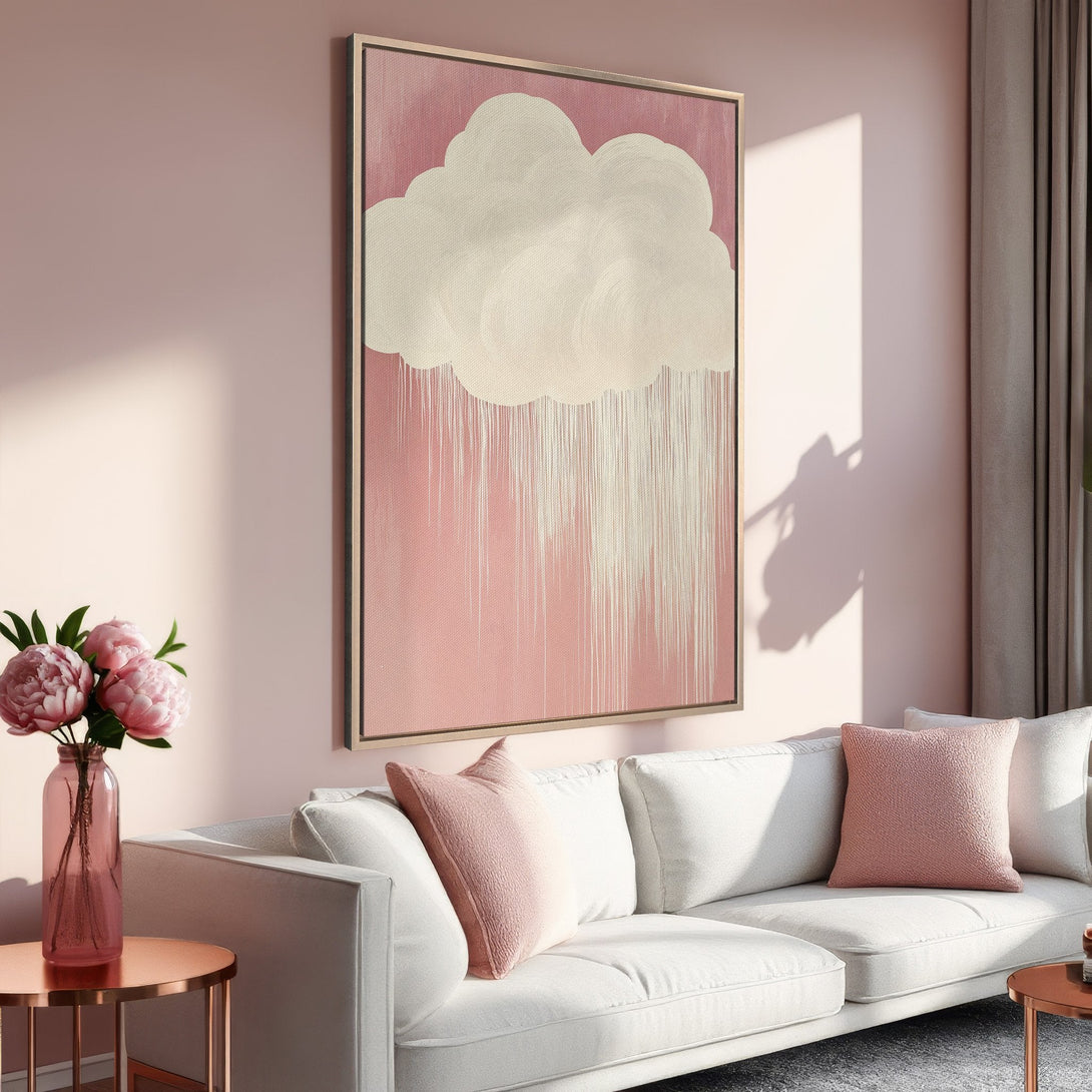 Framed Wall Art: Abstract cloud design in pink & cream hues. Modern art piece adds a touch of elegance to any living space. Shop our canvas prints!