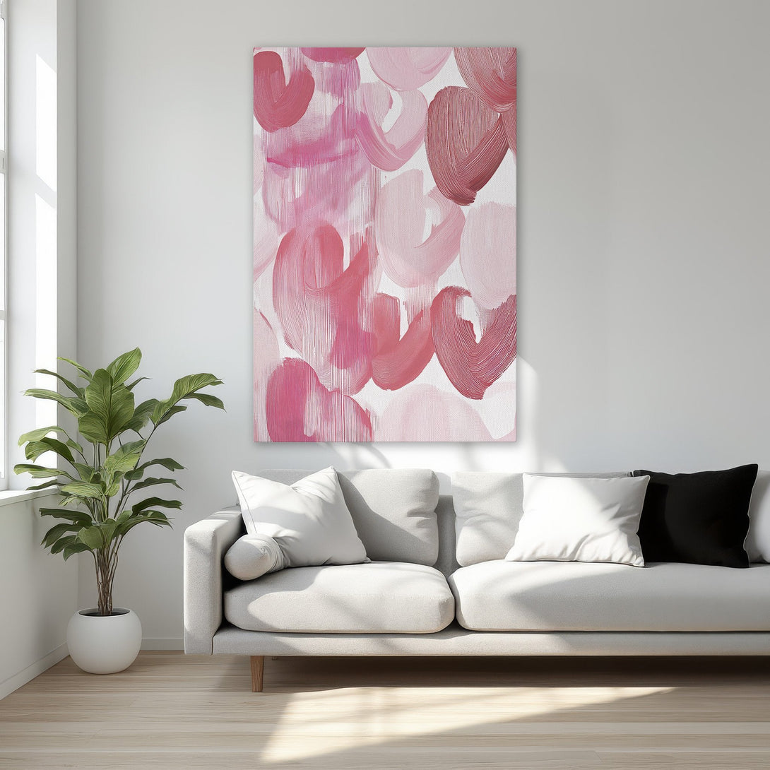 Framed Wall Art: Abstract pink heart brushstrokes. Modern art canvas print with a romantic, blush color palette. Perfect bedroom decor.