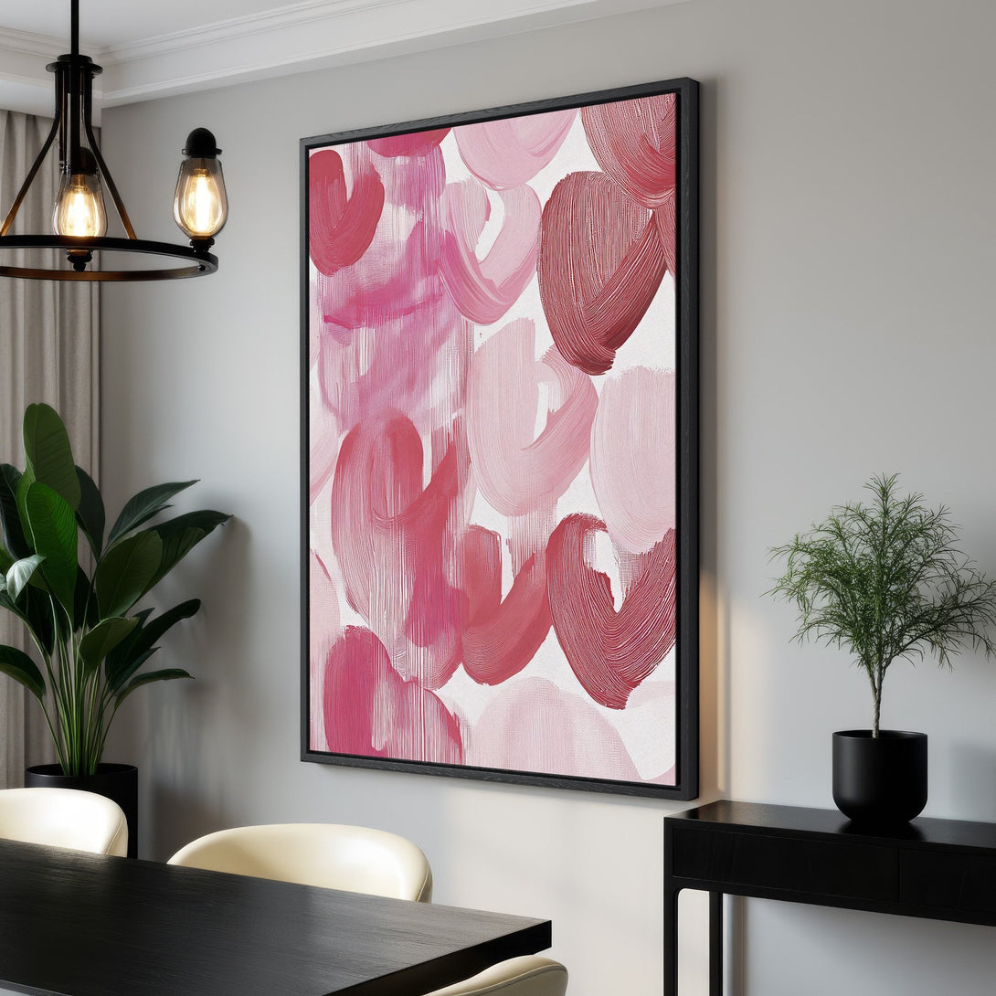 Framed Wall Art: Abstract brushstroke art in pink and red hues. Modern decor for your home. Canvas Print adds a pop of color and style.