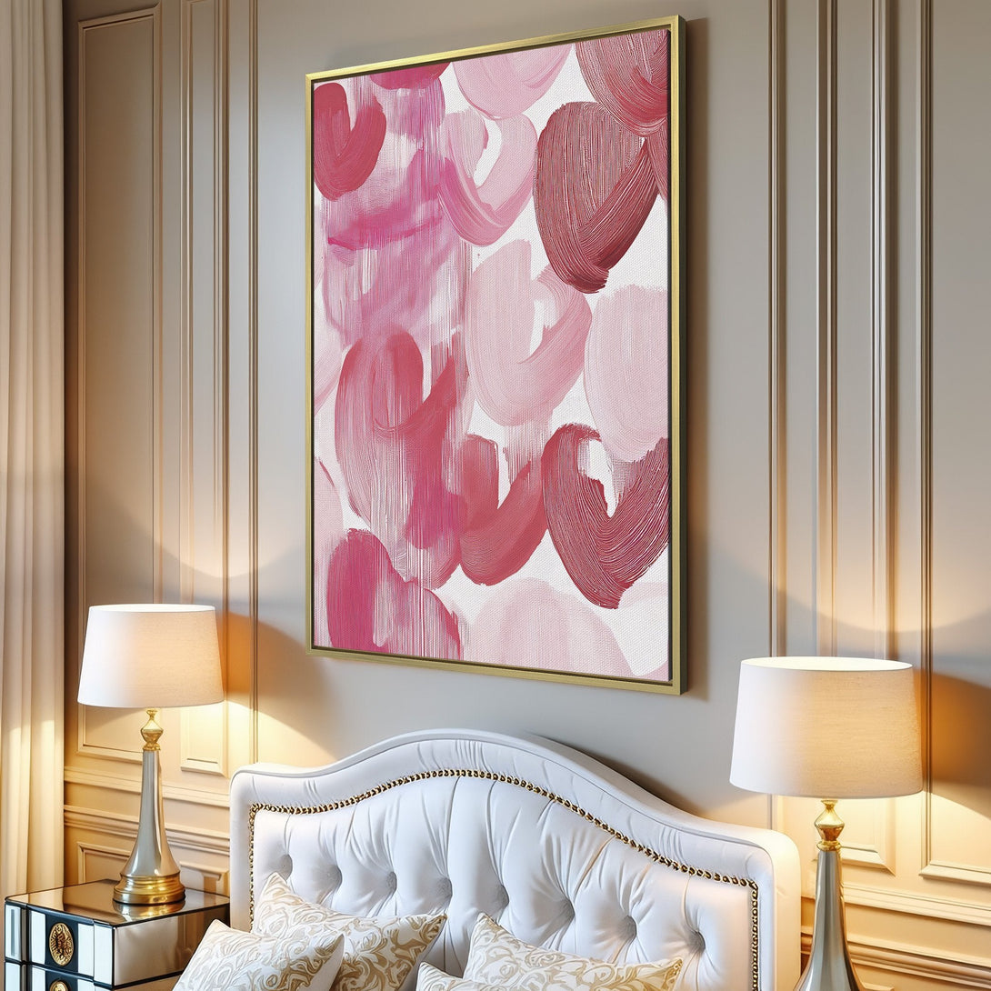 Canvas Print featuring abstract pink brushstrokes, perfect for adding a touch of modern art to your living room. Soft pink palette.