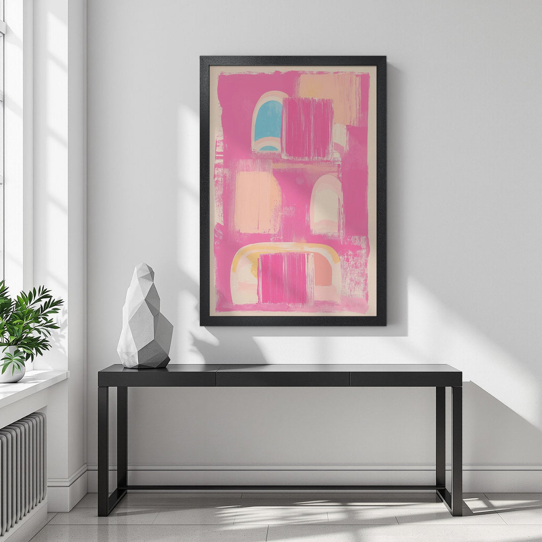 Framed Poster featuring abstract art in pink and pastel tones. Modern wall art for home decor.