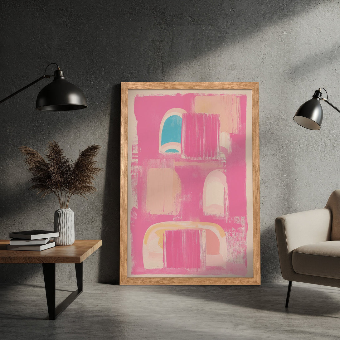 Framed Poster featuring abstract art in pink, beige, and blue hues. Modern wall art for home decor.
