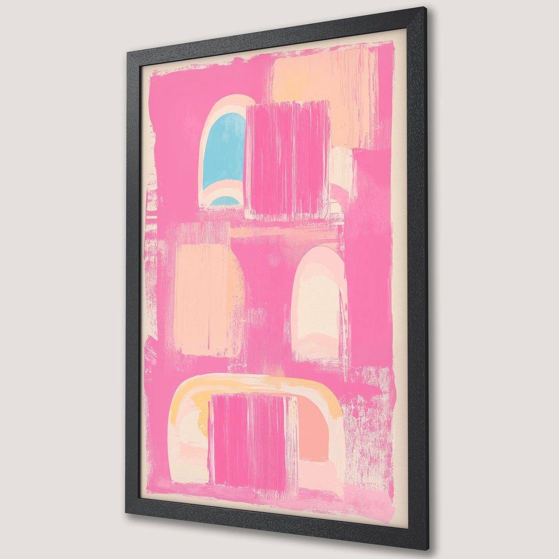 Framed Poster featuring abstract art in a vibrant pink and peach color palette. Modern brushstroke style for a stylish wall decor.