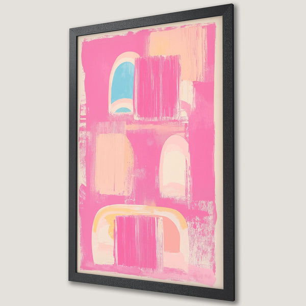 Framed Poster featuring abstract art in a vibrant pink and peach color palette. Modern brushstroke style for a stylish wall decor.