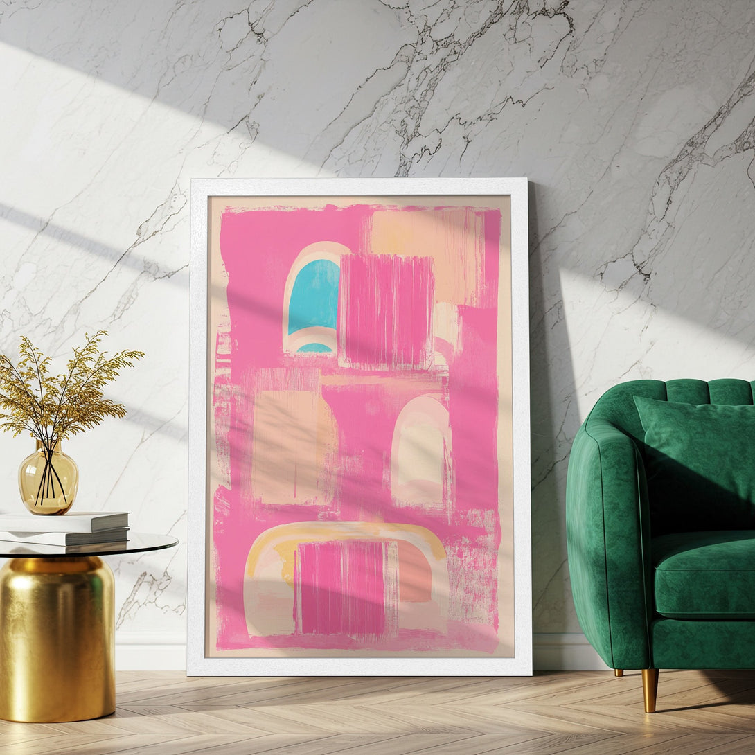 Framed Poster: Abstract art print in pink, peach, and teal. Modern style for home decor.