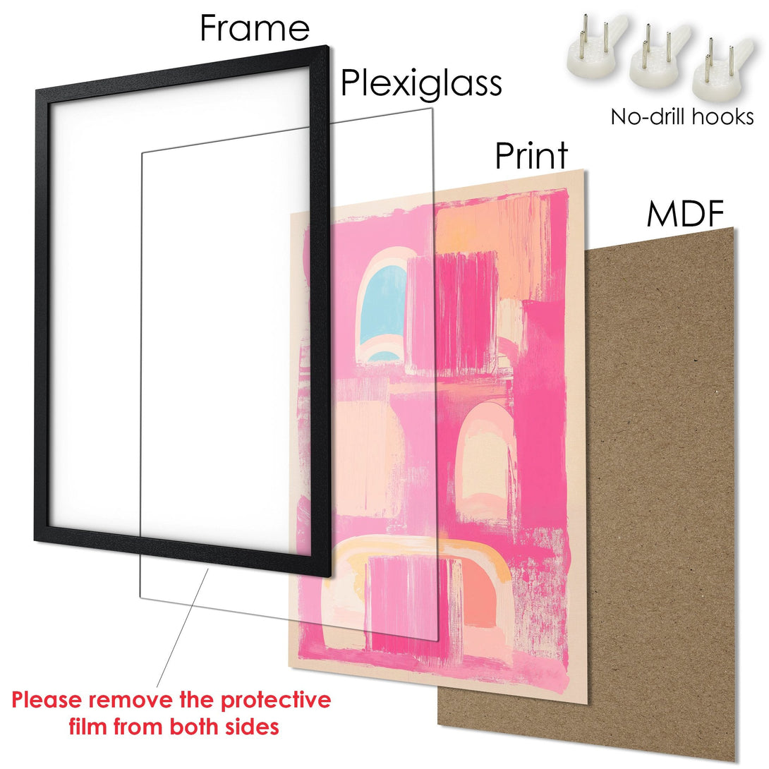 Framed Poster: Abstract art print in pink, peach, and blue. Modern wall decor for your home. Ready to hang!