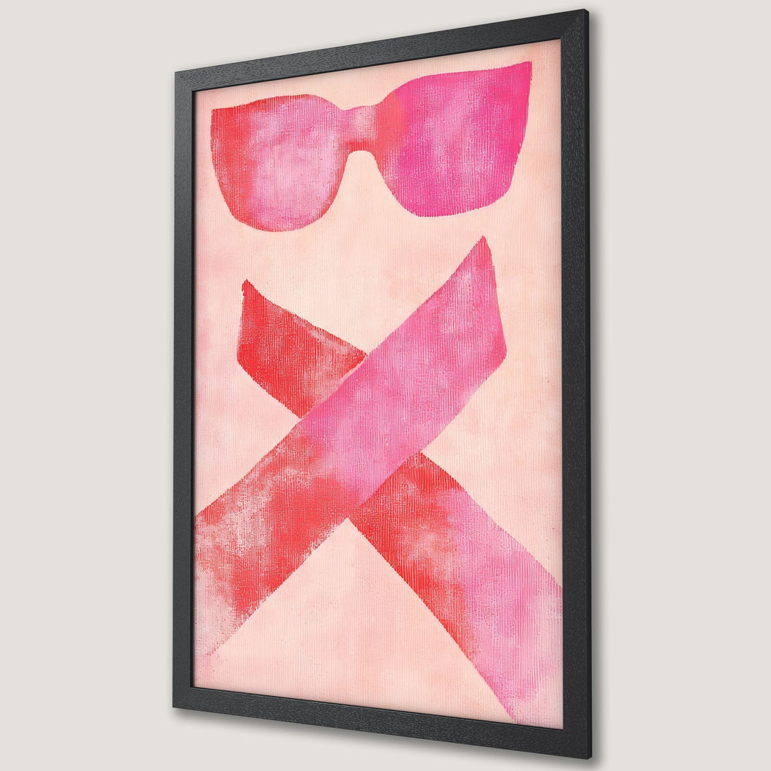 Framed Poster featuring abstract sunglasses & ribbons in a vibrant pink & red color palette. Modern art perfect for any space!